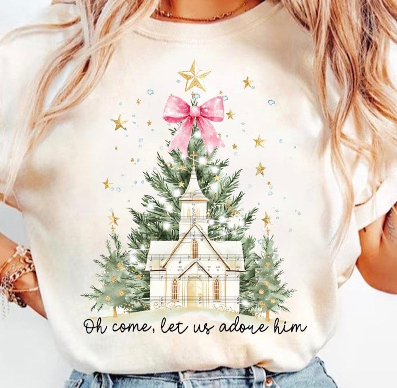 Oh come let us adore him ADULT & YOUTH TEE OR PULLOVER