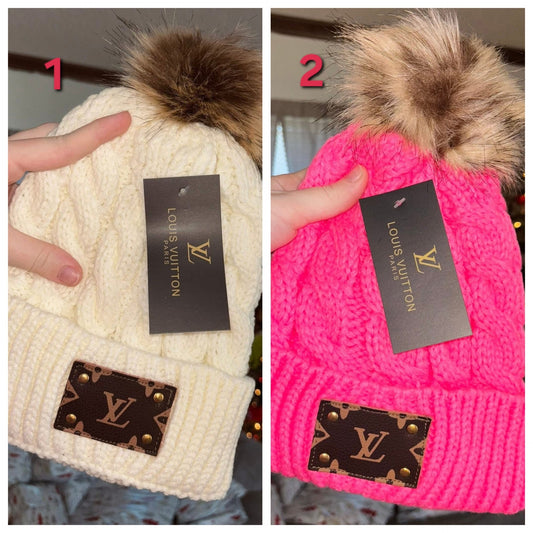 L Knit Pom Hats Cream/Pink